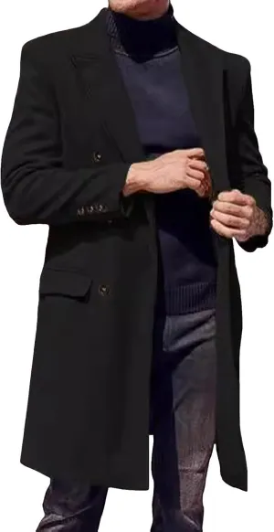 Mens Notched Lapel Trench Coat Double Breasted Winter Warm Overcoat Windbreaker Business Wool Blend Long Jacket
