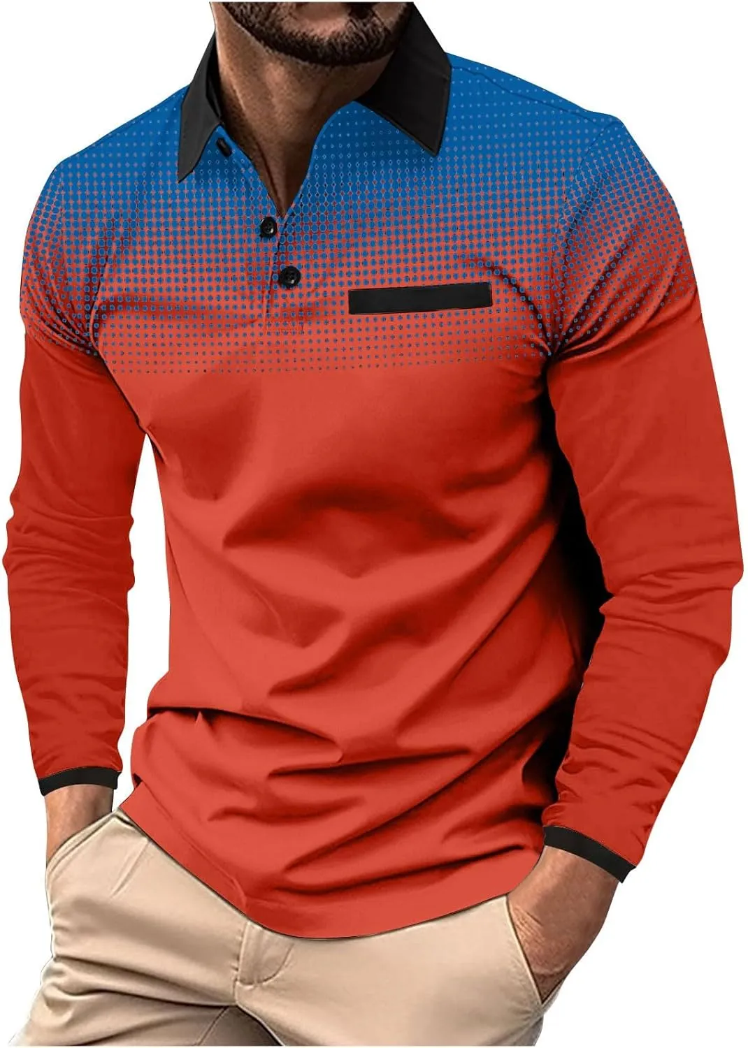 Men's Polo Shirts Long Sleeve Casual Fashion Polo Tee Shirts Color Block Slim Fit Golf Polo Shirt with Pocket