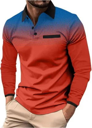 Men's Polo Shirts Long Sleeve Casual Fashion Polo Tee Shirts Color Block Slim Fit Golf Polo Shirt with Pocket