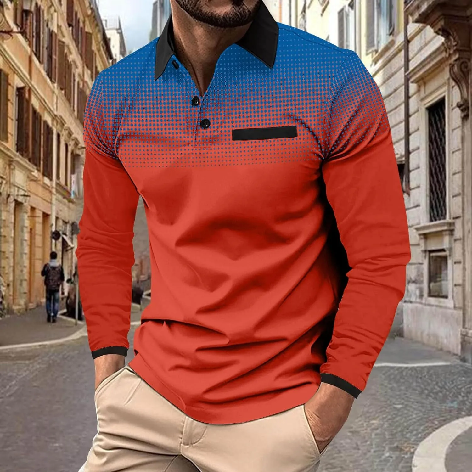 Men's Polo Shirts Long Sleeve Casual Fashion Polo Tee Shirts Color Block Slim Fit Golf Polo Shirt with Pocket