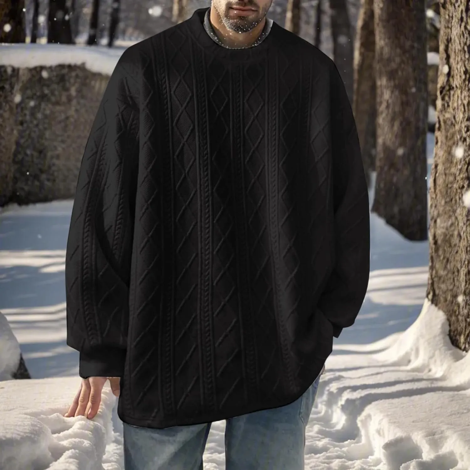 Men's Pullover Sweaters Plus Size Loose Crewneck Top Fashion Twisted Pattern Knit Sweater Stylish Knitwear Lightweight Jumper