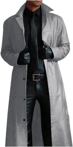 Mens Retro Leather Jacket Long Steampunk Overcoat Long Sleeve Open Front Cardigan Jacket Vintage Trench Coat S-3XL