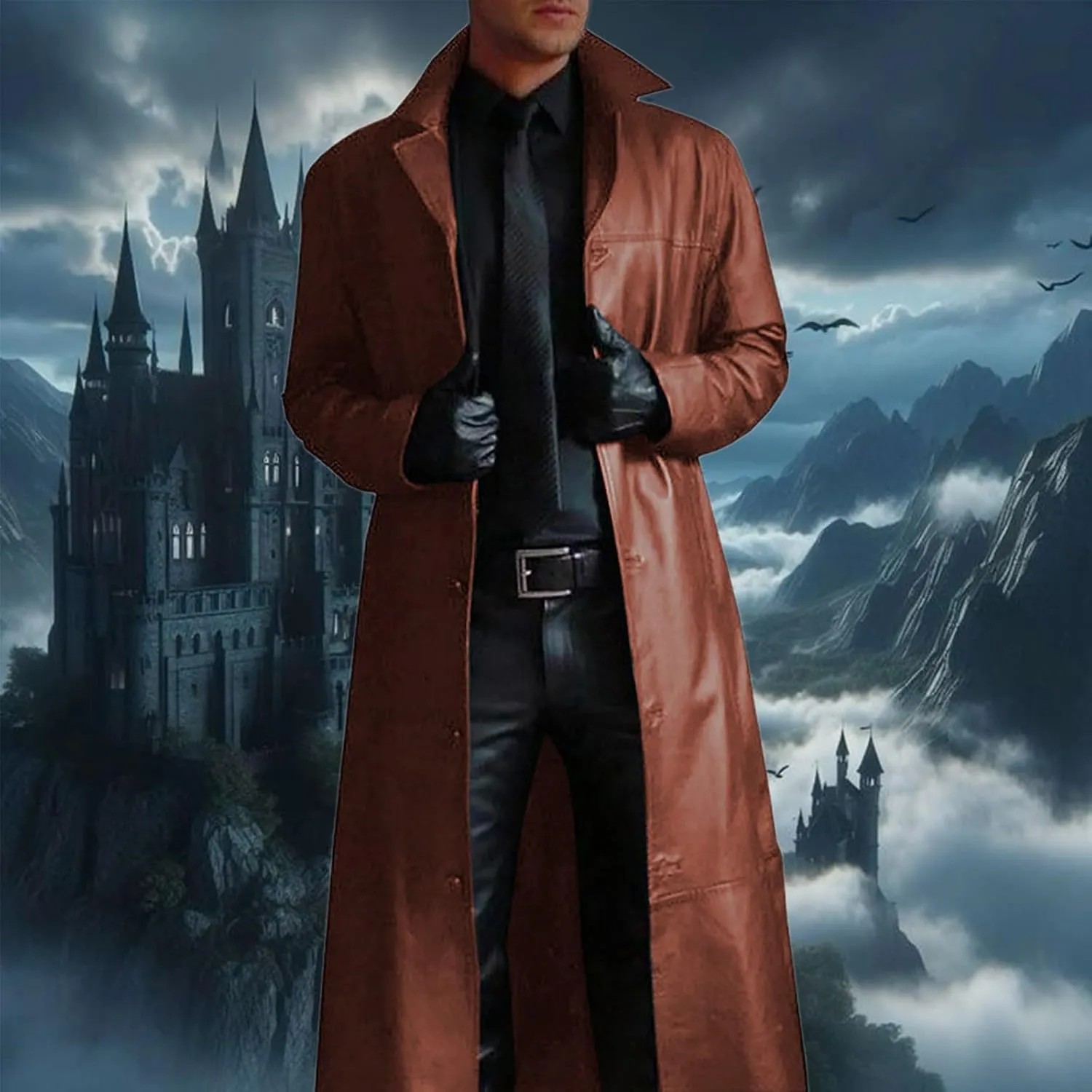 Mens Retro Leather Jacket Long Steampunk Overcoat Long Sleeve Open Front Cardigan Jacket Vintage Trench Coat S-3XL