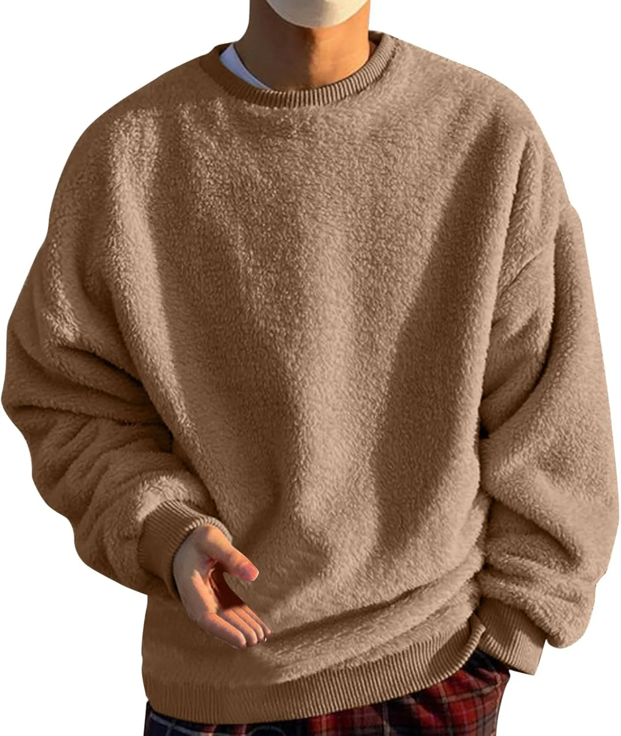 Men's Sherpa Lined Crewneck Sweatshirts Thermal Cotton Sweatshirts Premium Heavyweight Fleece Pullover Basic Tops