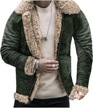 Mens Sherpa Lined Leather Jacket Suede Exterior Faux Fur Collar Winter Sheepskin Shearling Coat for Casual