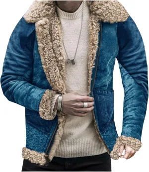 Mens Sherpa Lined Leather Jacket Suede Exterior Faux Fur Collar Winter Sheepskin Shearling Coat for Casual