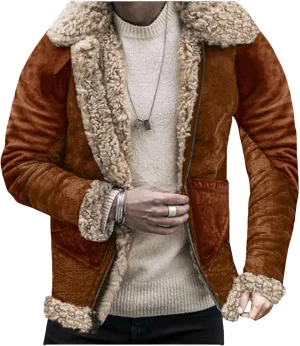 Mens Sherpa Lined Leather Jacket Suede Exterior Faux Fur Collar Winter Sheepskin Shearling Coat for Casual