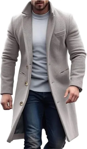 Mens Single Breasted Notch Lapel Trench Coat Long Casual Pea Coat with Slim Fit Warm Soft for Fall and Winter