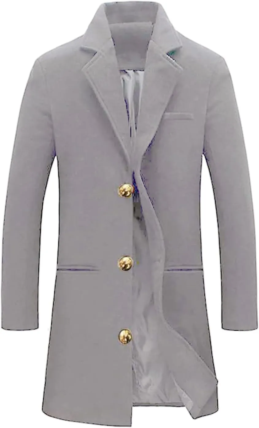 Mens Single Breasted Notch Lapel Trench Coat Long Casual Pea Coat with Slim Fit Warm Soft for Fall and Winter