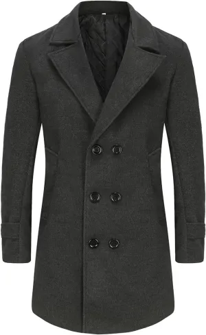 Men's Single Breasted Winter Pea Coat Warm Wool Blend Casual Overcoat with Pockets