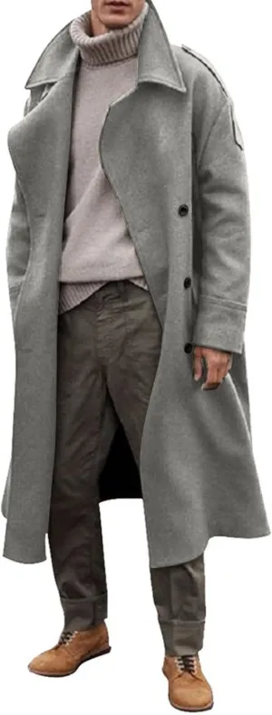 Men's Slim Fit Warm Long Jacket Wool Blend Classic Notched Collar Overcoat with Pockets