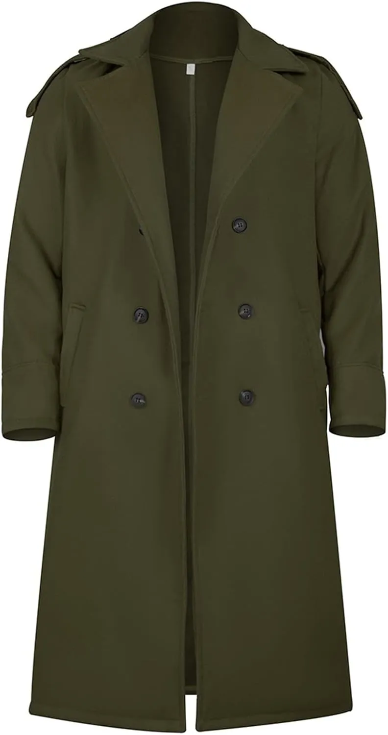Men's Slim Fit Warm Long Jacket Wool Blend Classic Notched Collar Overcoat with Pockets