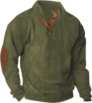 Mens Sweatshirt Stand Collar Corduroy Polo Pullover Vintage Long Sleeve Button Sweatshirts Elbow Patches Sweater