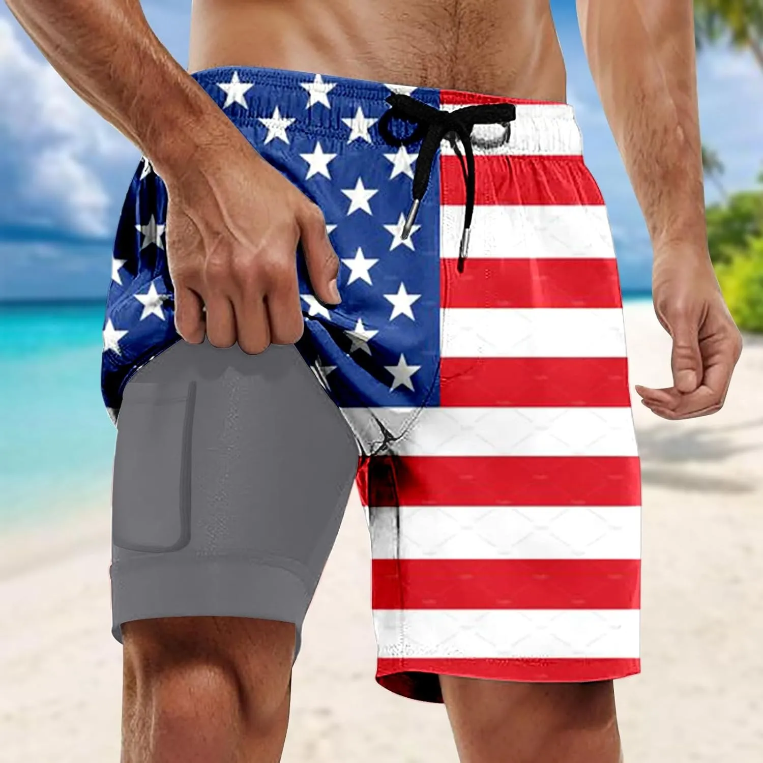 Mens Swim Trunks with Compression Liner 4Th of July Bathing Suit Quick Dry Stretch Summer Beach Swimming Shorts with Pockets