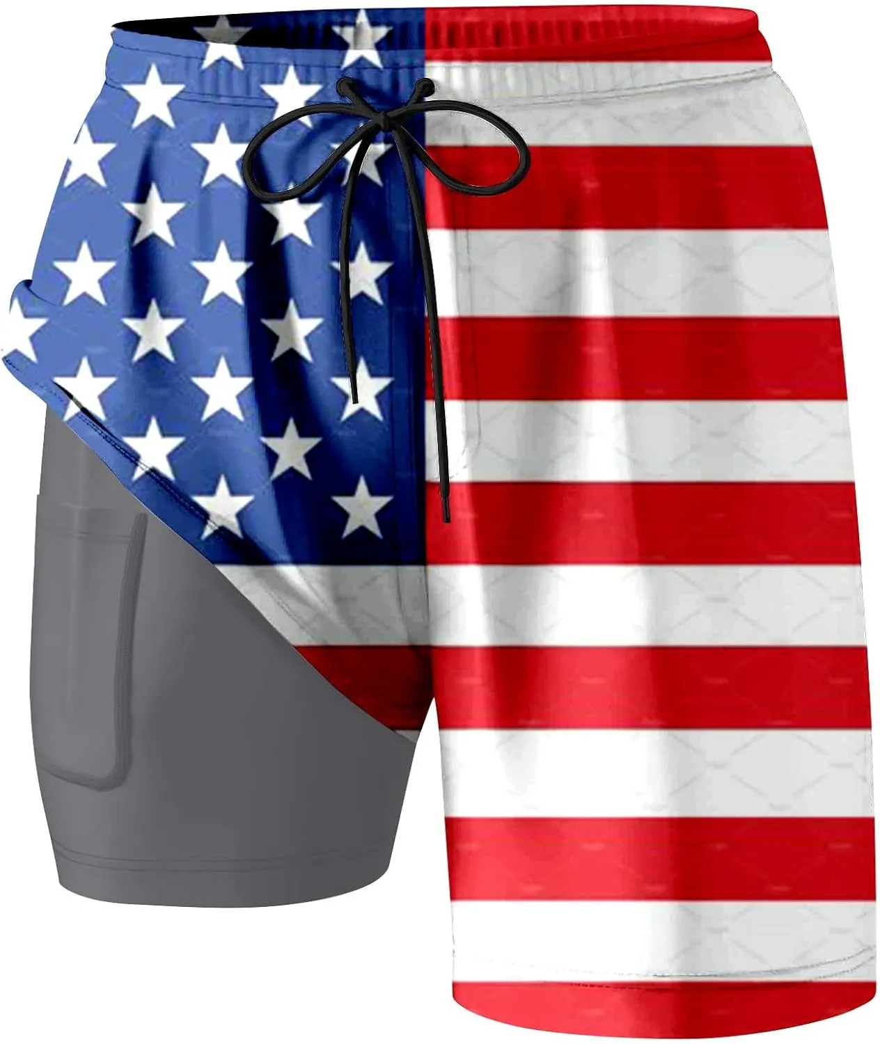 Mens Swim Trunks with Compression Liner 4Th of July Bathing Suit Quick Dry Stretch Summer Beach Swimming Shorts with Pockets