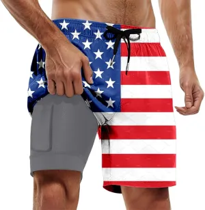 Mens Swim Trunks with Compression Liner 4Th of July Bathing Suit Quick Dry Stretch Summer Beach Swimming Shorts with Pockets