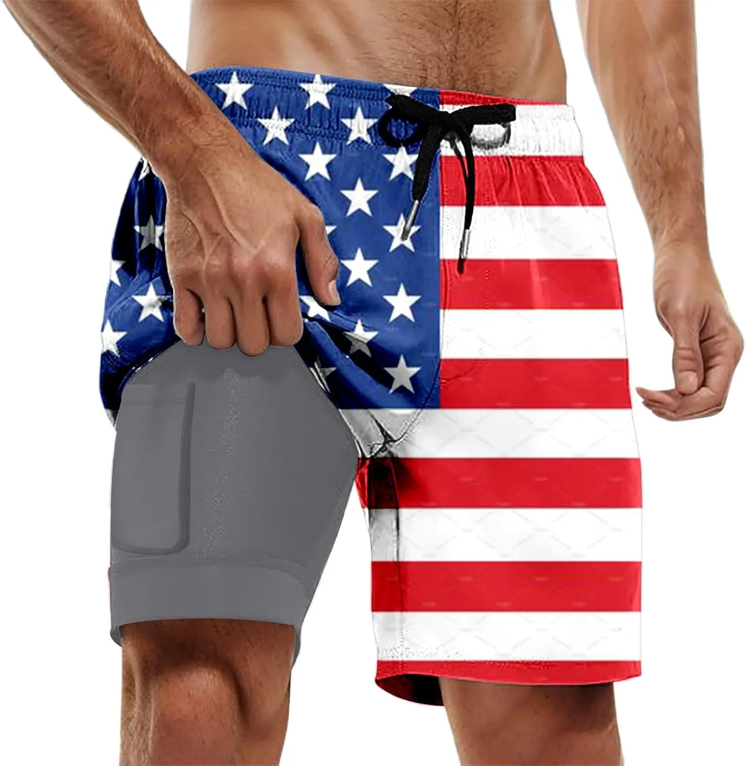 Mens Swim Trunks with Compression Liner 4Th of July Bathing Suit Quick Dry Stretch Summer Beach Swimming Shorts with Pockets