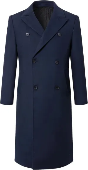 Men's Trench Casual Long Jacket Winter Classic Wool Blend Overcoat with Pockets