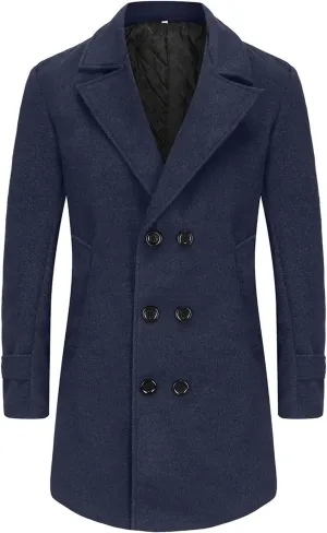 Men's Trench Casual Long Jacket Winter Classic Wool Blend Overcoat with Pockets