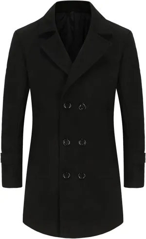 Men's Trench Casual Long Jacket Winter Classic Wool Blend Overcoat with Pockets