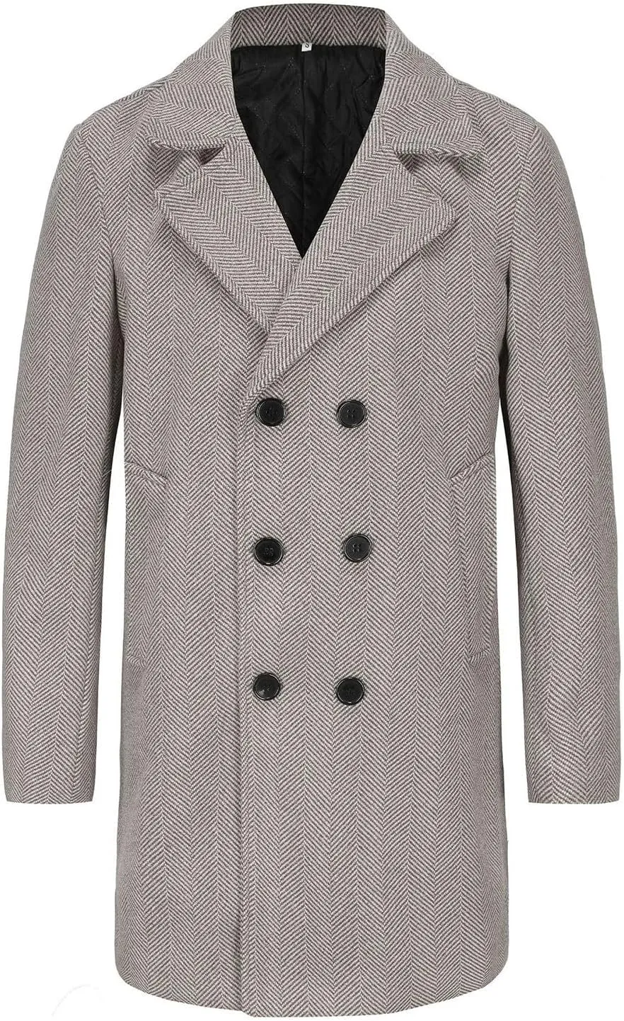 Men's Trench Casual Long Jacket Winter Classic Wool Blend Overcoat with Pockets