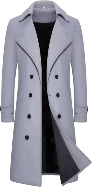 Men's Trench Coat Fashion Easy Notch Lapel Business Casual Fleece Jacket Solid Long Pea Coat Windbreaker Overcoat