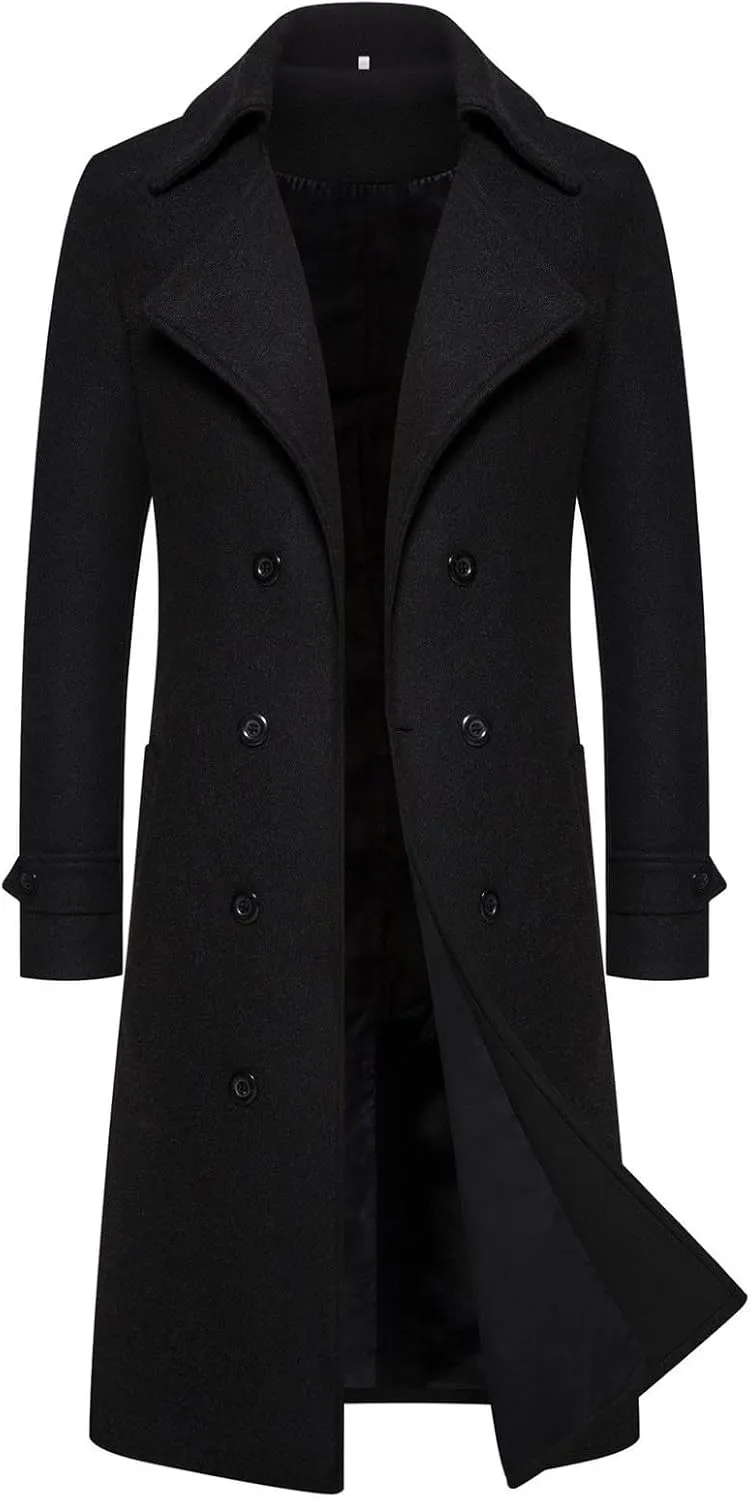 Men's Trench Coat Fashion Easy Notch Lapel Business Casual Fleece Jacket Solid Long Pea Coat Windbreaker Overcoat