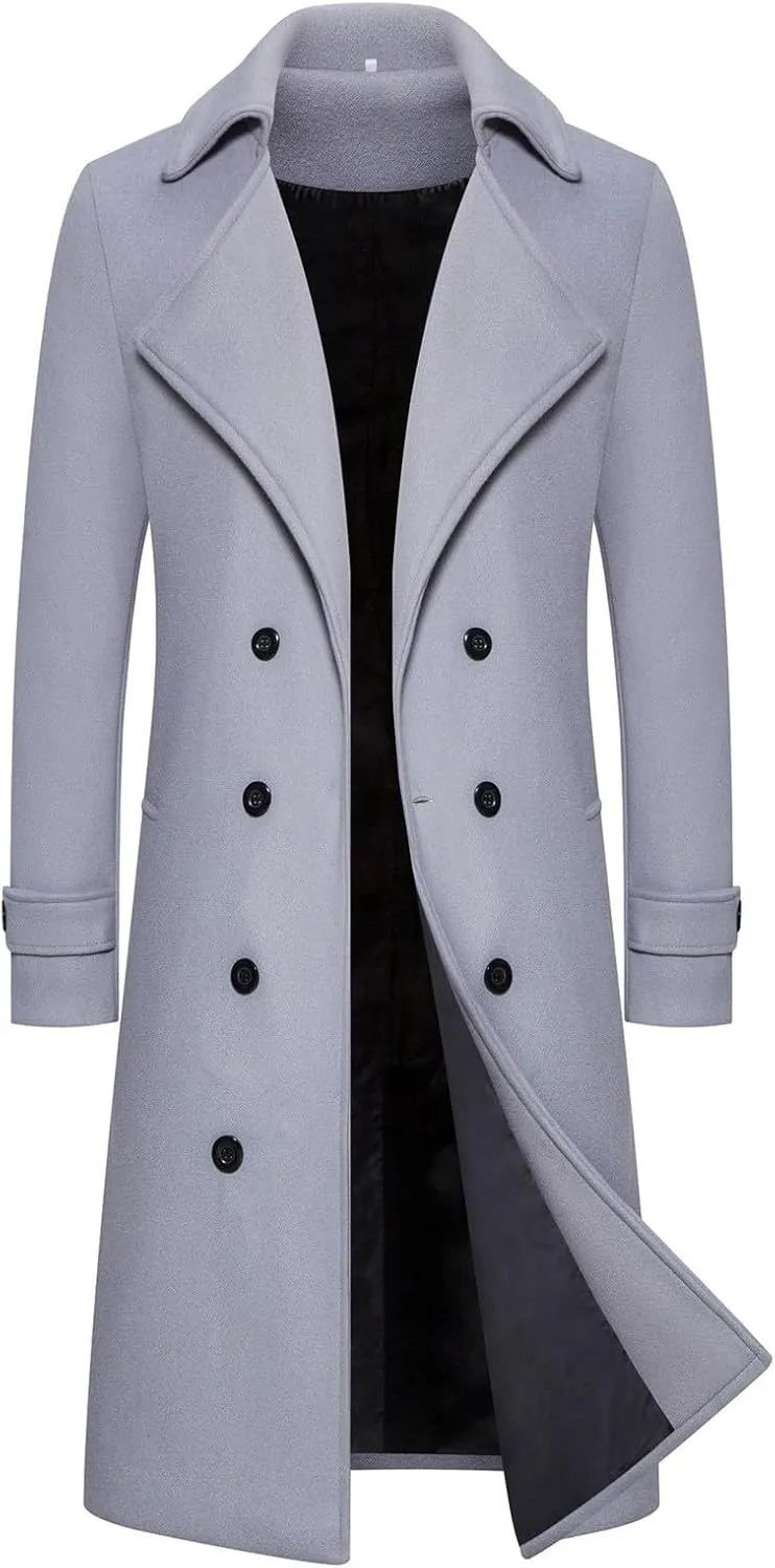 Men's Trench Coat Fashion Easy Notch Lapel Business Casual Fleece Jacket Solid Long Pea Coat Windbreaker Overcoat