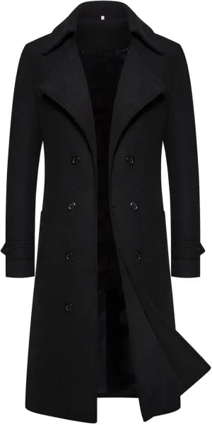 Men's Trench Coat Fashion Easy Notch Lapel Business Casual Fleece Jacket Solid Long Pea Coat Windbreaker Overcoat