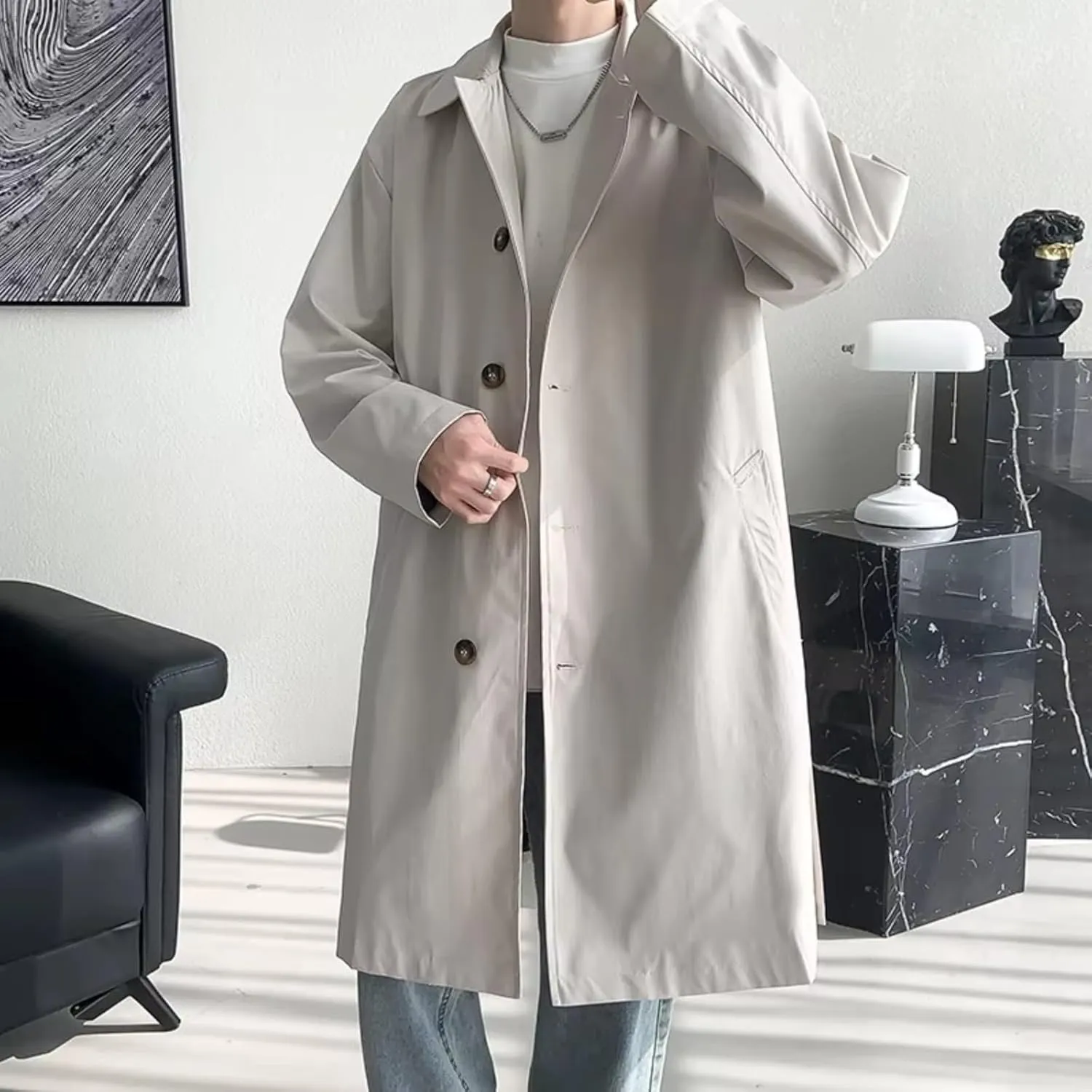 Men's Trench Coat long Men Solid Color Single Breasted Loose Casual Trench Man Streetwear