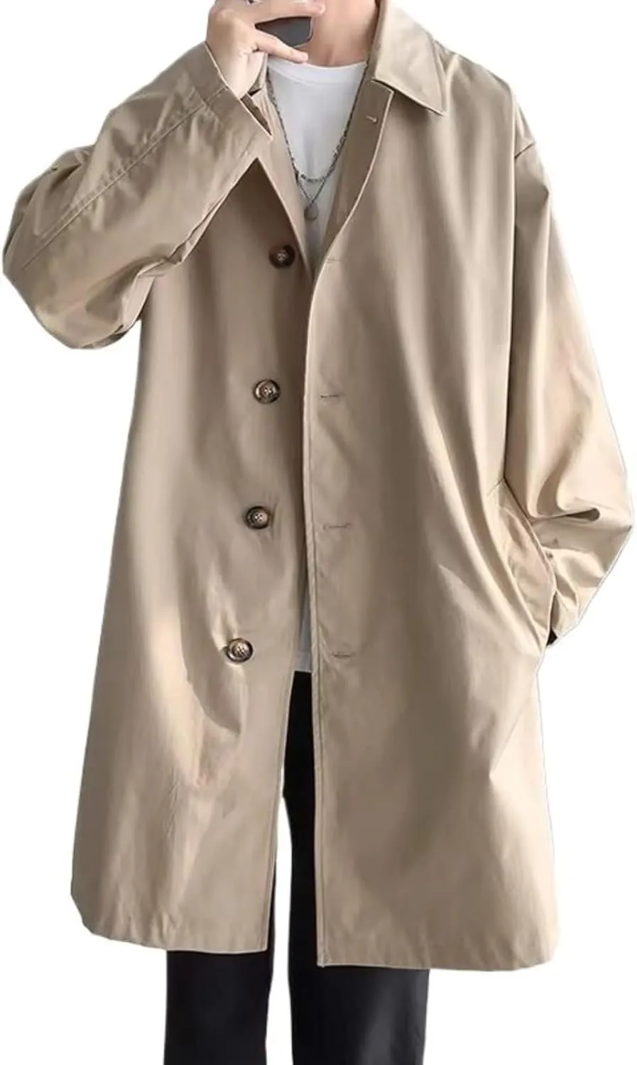 Men's Trench Coat long Men Solid Color Single Breasted Loose Casual Trench Man Streetwear