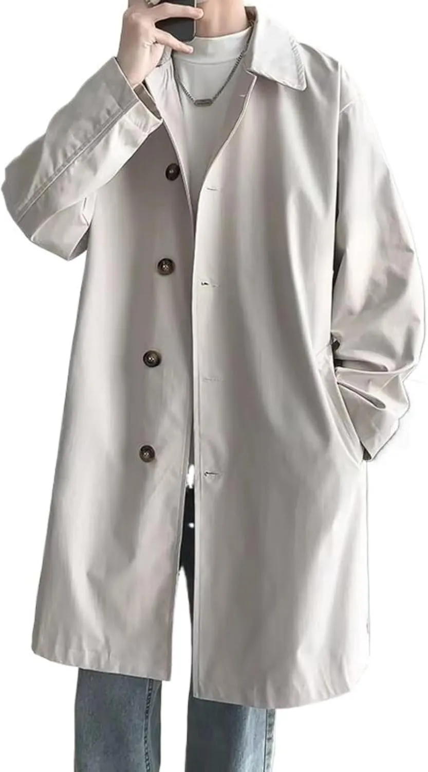 Men's Trench Coat long Men Solid Color Single Breasted Loose Casual Trench Man Streetwear