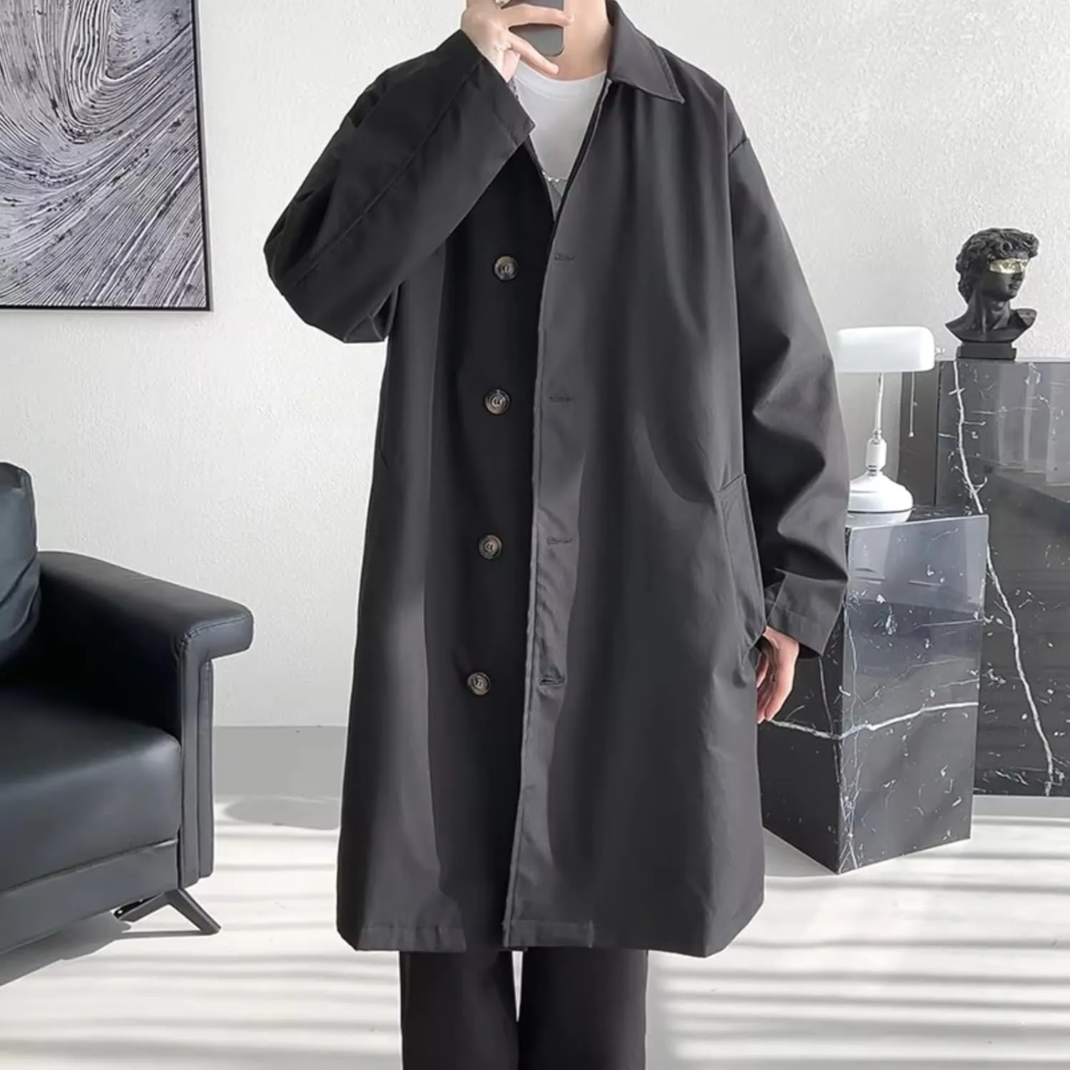Men's Trench Coat long Men Solid Color Single Breasted Loose Casual Trench Man Streetwear