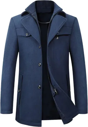 Mens Trench Coat, Mens Wool Blend Pea Coat Mid-Length Single Breasted Jacket Winter Classic Overcoat with Pockets