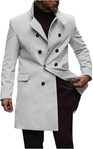 Mens Trench Coat Notch Lapel Double Breasted Casual Pea Coat Winter Warm Coat Long Business Overcoat Windbreaker