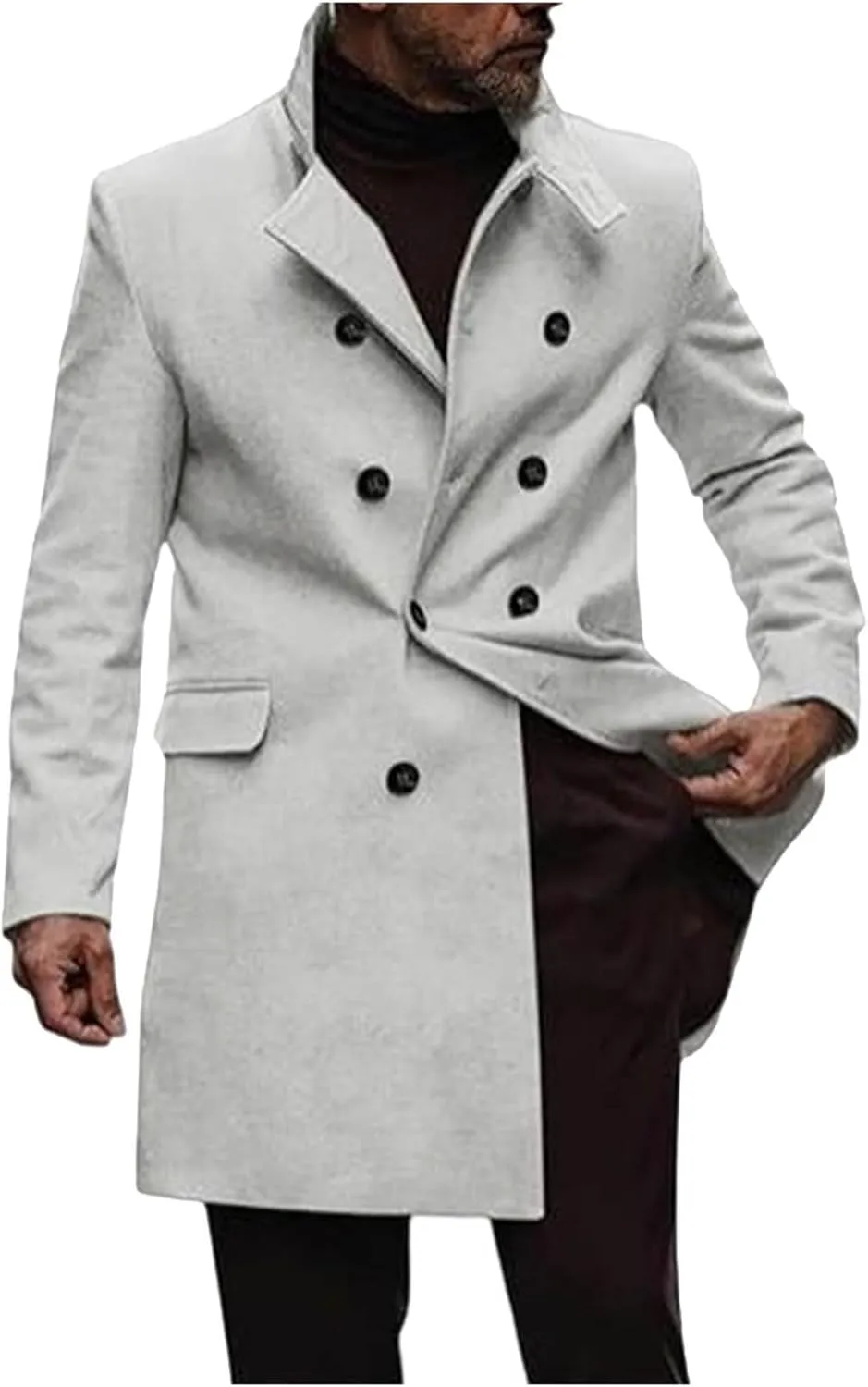 Mens Trench Coat Notch Lapel Double Breasted Casual Pea Coat Winter Warm Coat Long Business Overcoat Windbreaker