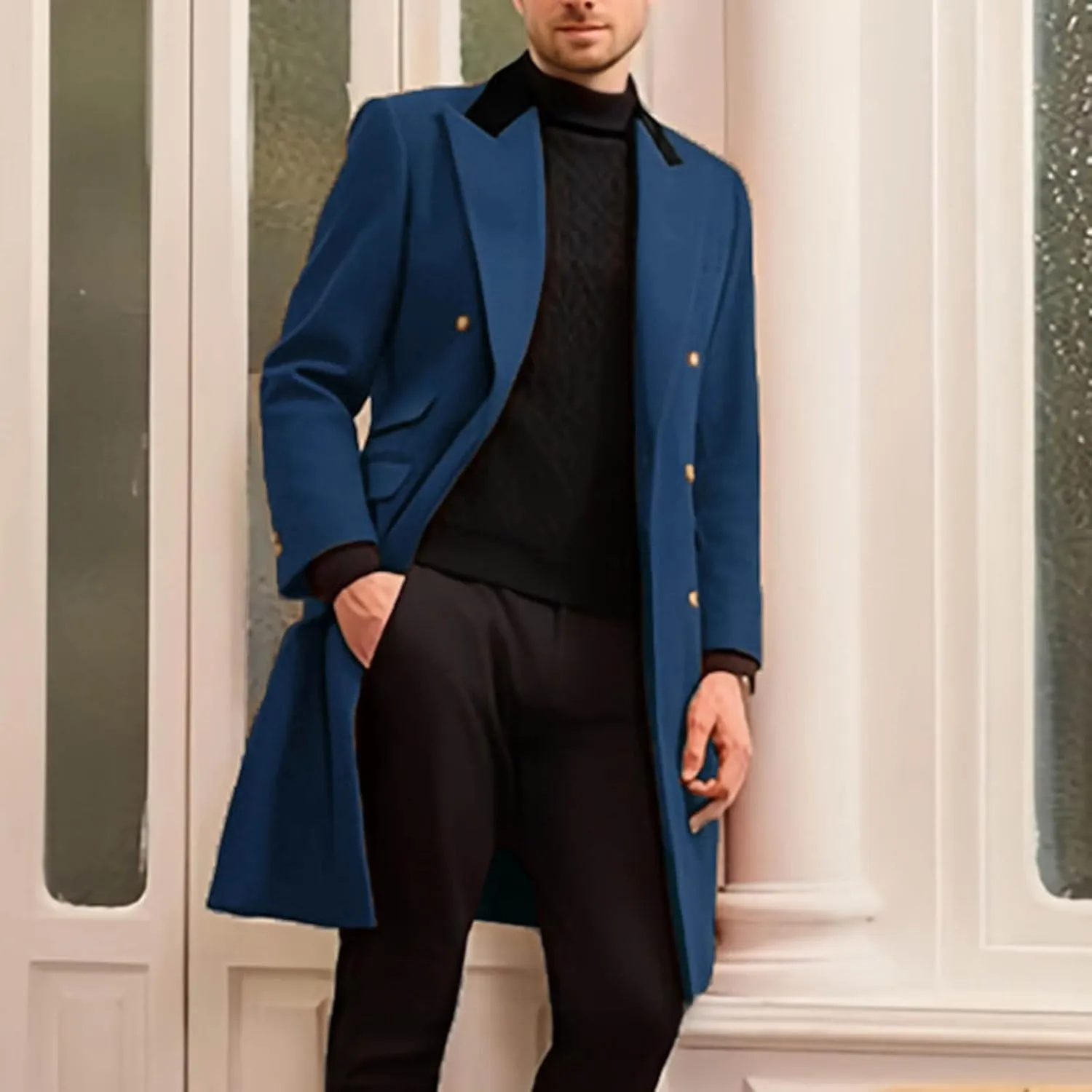 Mens Trench Coat Notch Lapel Double Breasted Mid Long Slim Fit Peacoat Winter Business Overcoat Warm Pea Coat M-2XL