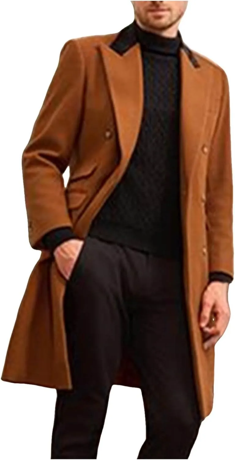 Mens Trench Coat Notch Lapel Double Breasted Mid Long Slim Fit Peacoat Winter Business Overcoat Warm Pea Coat M-2XL