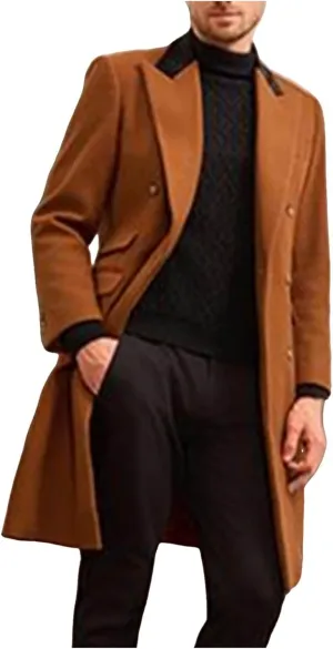 Mens Trench Coat Notch Lapel Double Breasted Mid Long Slim Fit Peacoat Winter Business Overcoat Warm Pea Coat M-2XL