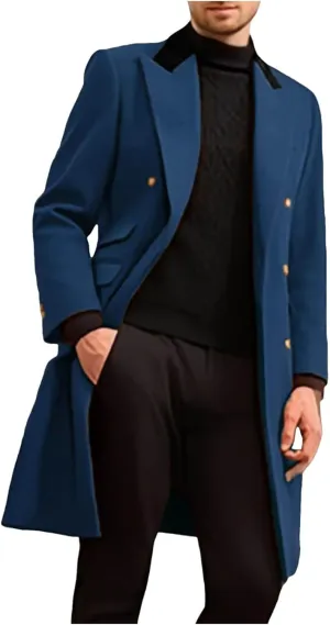 Mens Trench Coat Notch Lapel Double Breasted Mid Long Slim Fit Peacoat Winter Business Overcoat Warm Pea Coat M-2XL