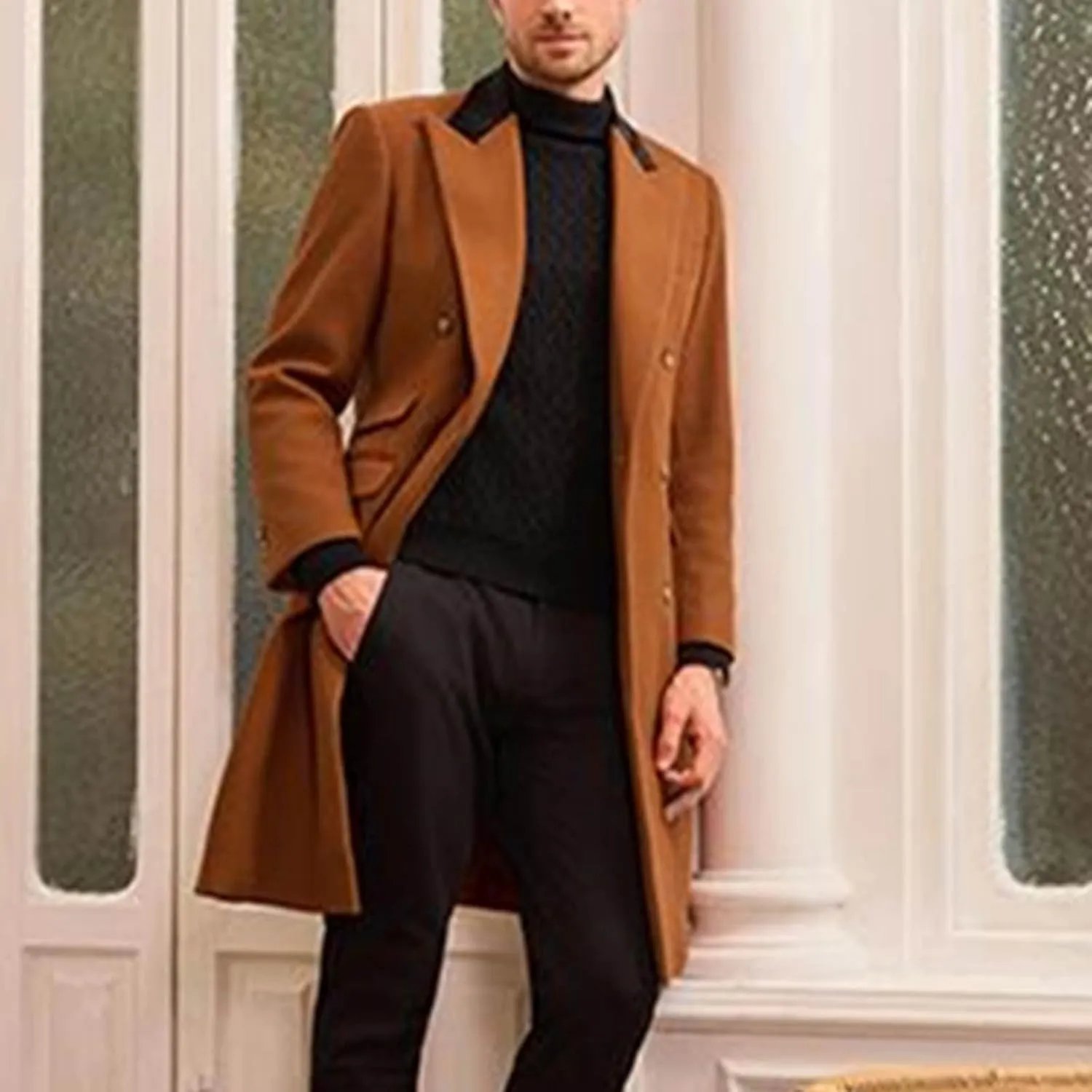 Mens Trench Coat Notch Lapel Double Breasted Mid Long Slim Fit Peacoat Winter Business Overcoat Warm Pea Coat M-2XL