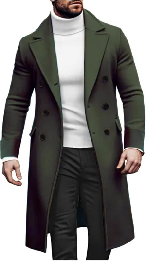 Mens Trench Coat Notched Lapel Double Breasted Casual Pea Coat Winter Warm Coat Long Business Overcoat Windbreaker