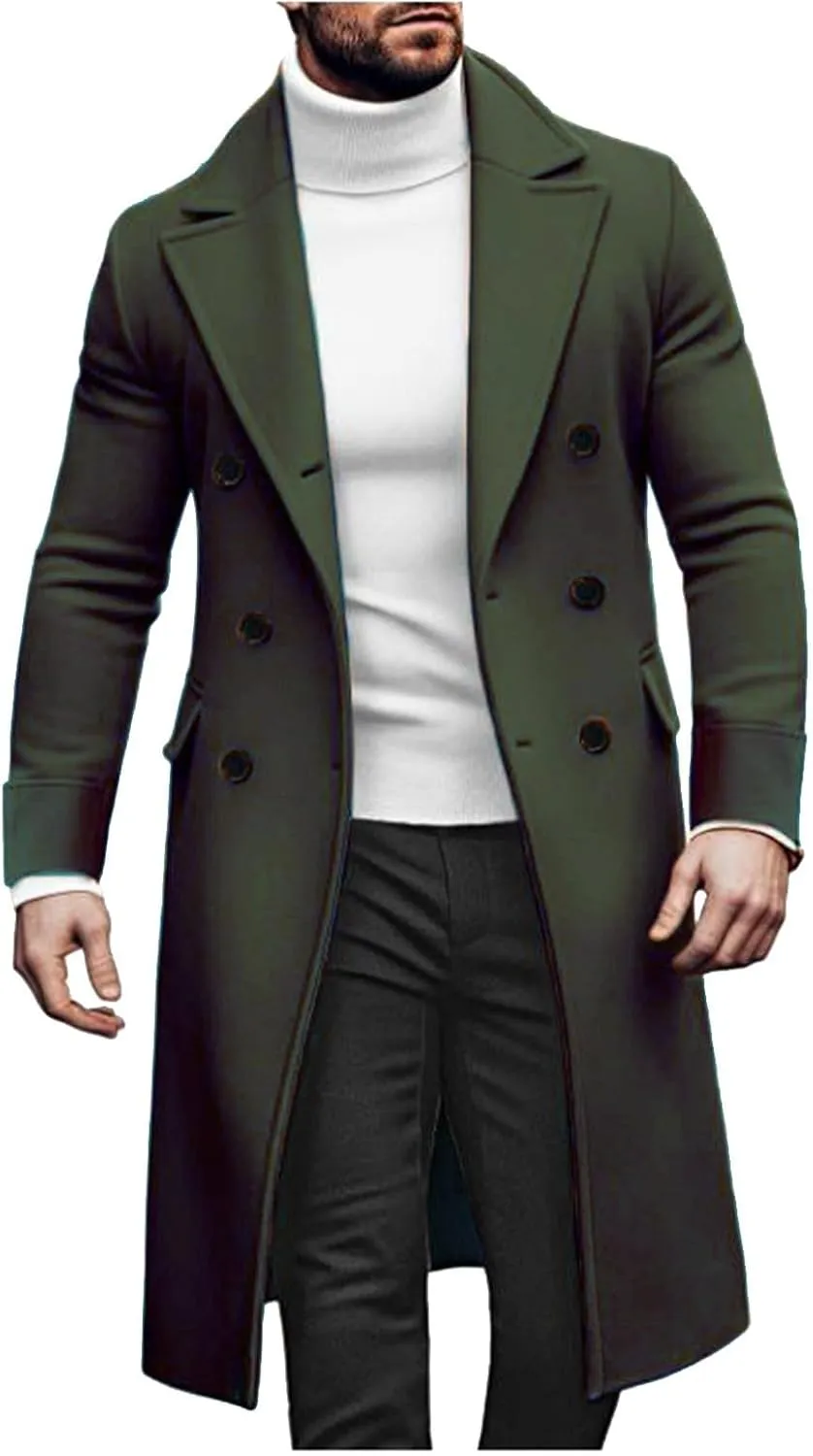 Mens Trench Coat Notched Lapel Double Breasted Casual Pea Coat Winter Warm Coat Long Business Overcoat Windbreaker