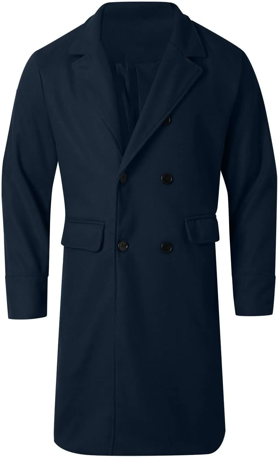 Mens Trench Coat Notched Lapel Double Breasted Casual Pea Coat Winter Warm Coat Long Business Overcoat Windbreaker
