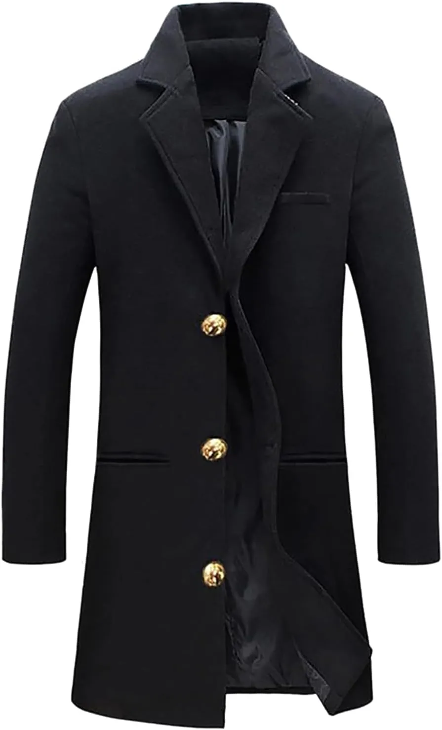 Men's Trench Coat Slim Fit Notch Lapel Single Breasted Overcoat Winter Warm Cotton Business Long Jacket Windbreaker