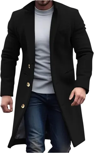 Men's Trench Coat Slim Fit Notch Lapel Single Breasted Overcoat Winter Warm Cotton Business Long Jacket Windbreaker