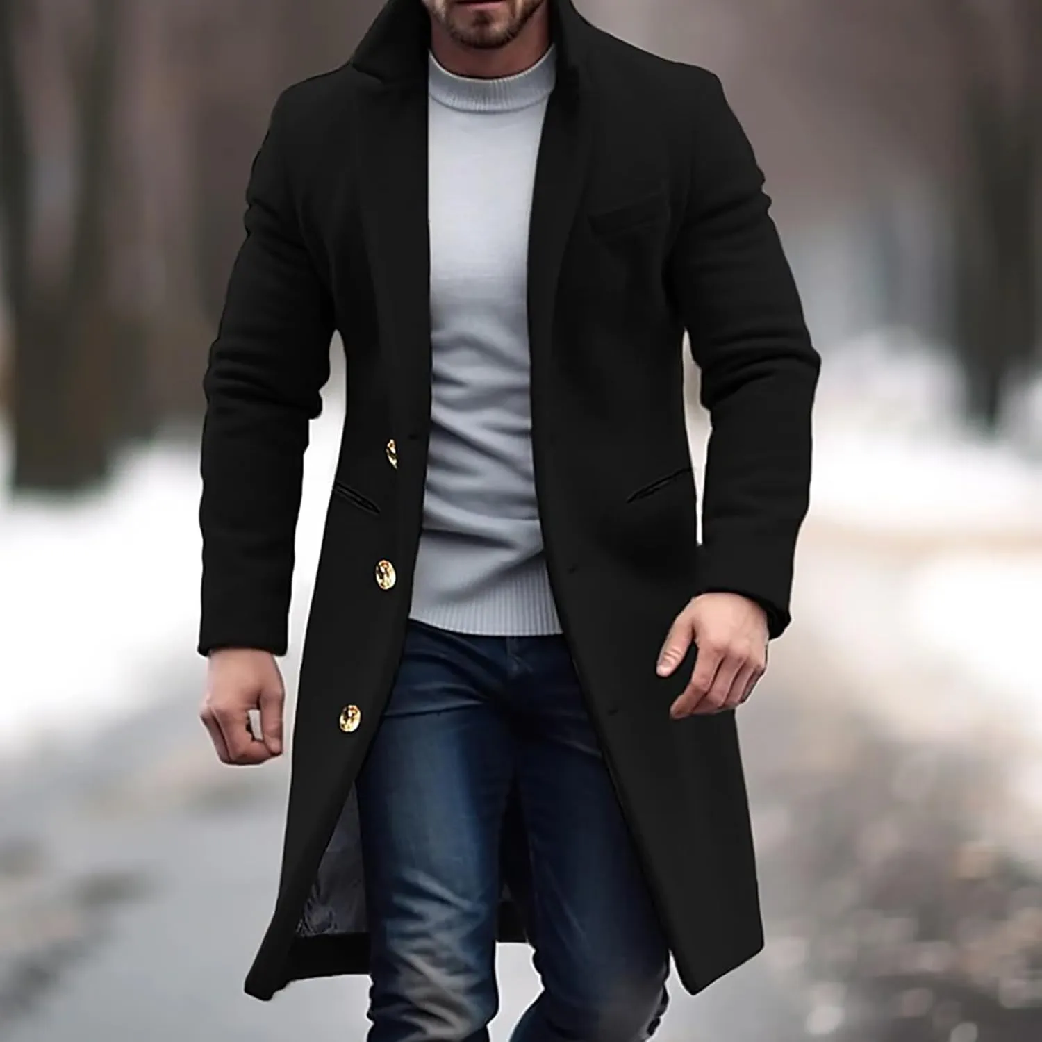 Men's Trench Coat Slim Fit Notch Lapel Single Breasted Overcoat Winter Warm Cotton Business Long Jacket Windbreaker