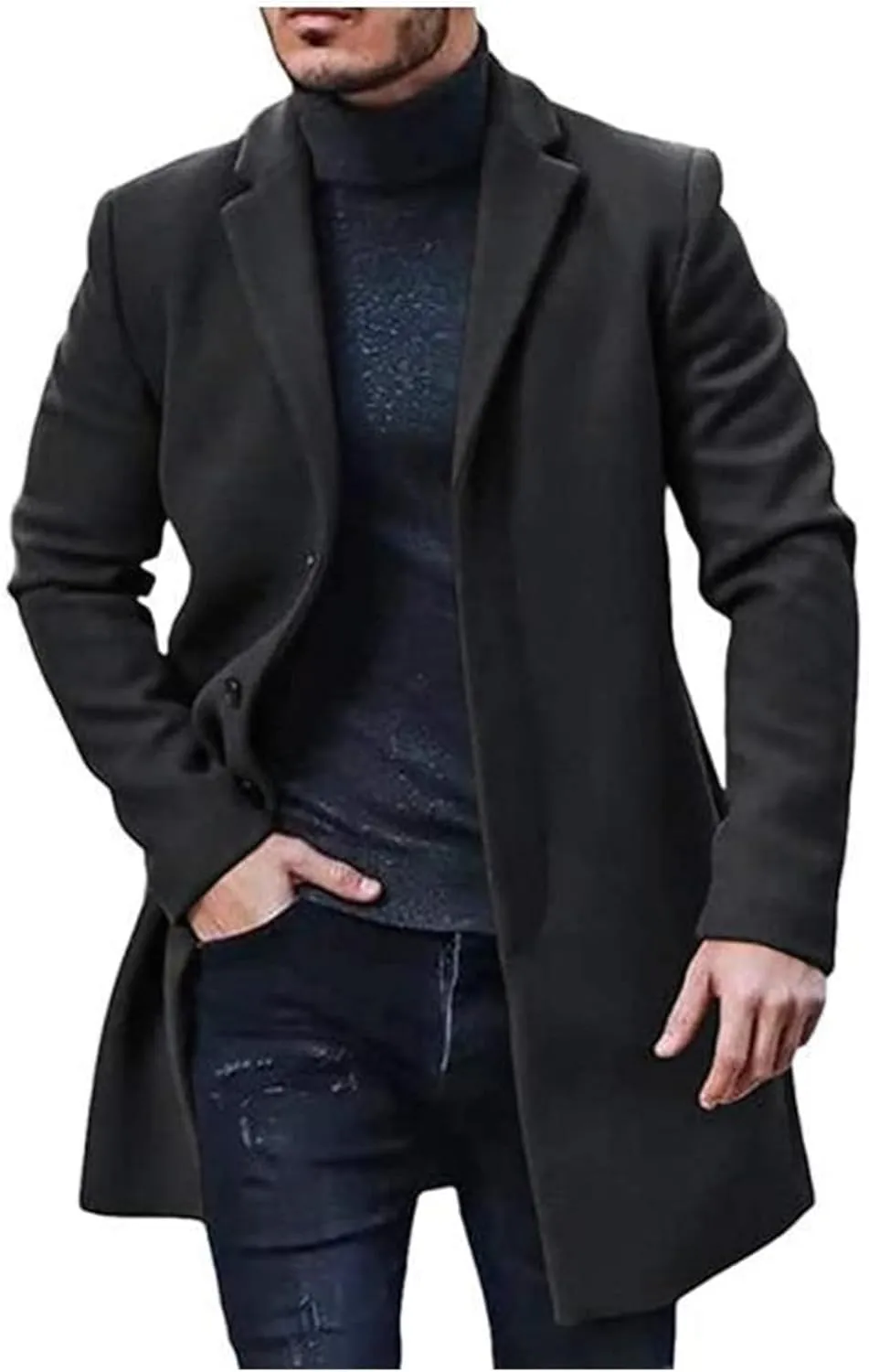 Mens Trench Coat Slim Fit Notched Collar Mid Long Single Breasted Pea Coat with Warm Soft Overcoat for Business