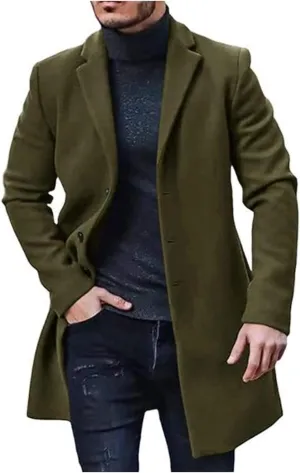 Mens Trench Coat Slim Fit Notched Collar Mid Long Single Breasted Pea Coat with Warm Soft Overcoat for Business