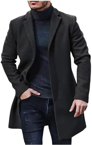 Mens Trench Coat Slim Fit Notched Collar Mid Long Single Breasted Pea Coat with Warm Soft Overcoat for Business